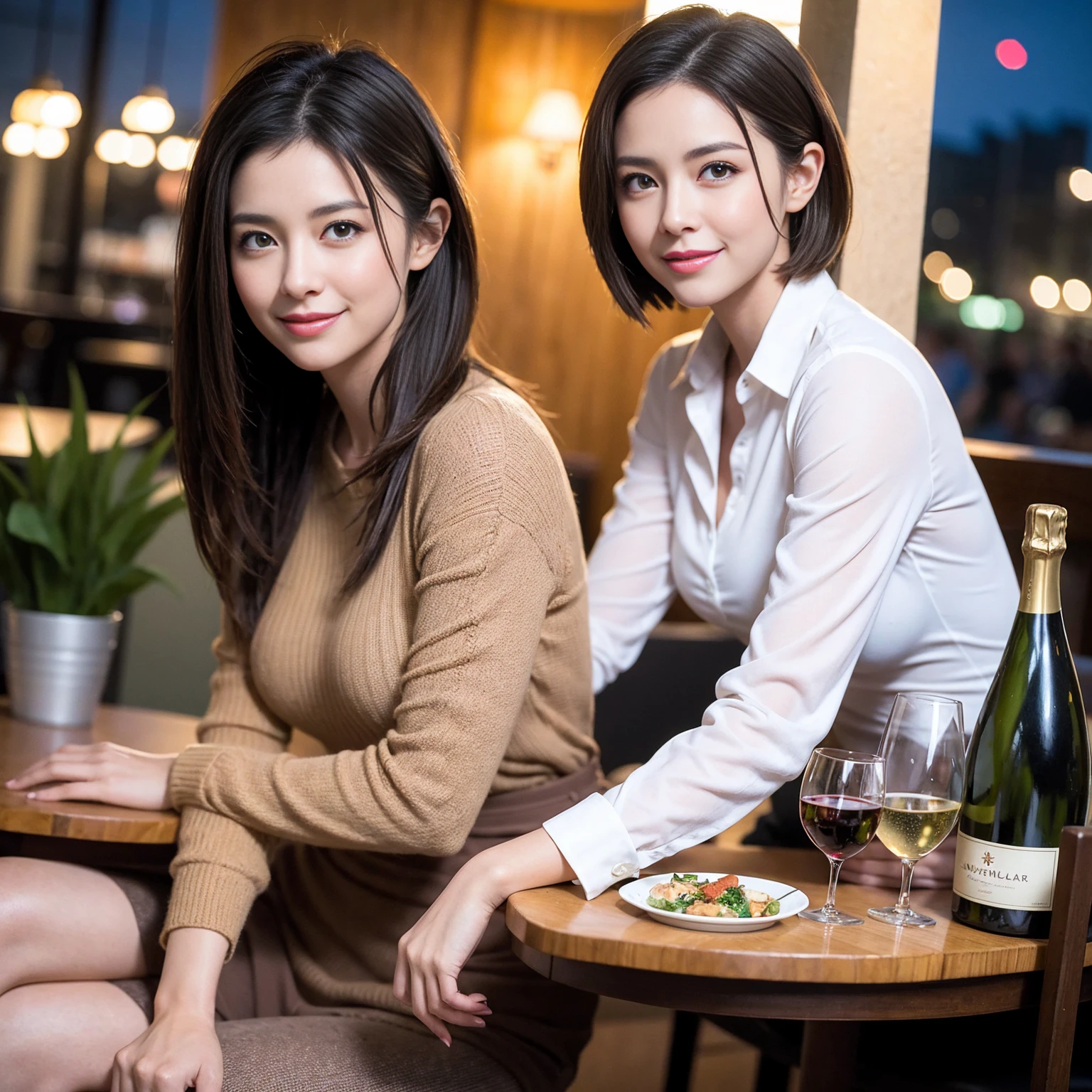 ((Highest quality、8K、masterpiece:1.3))、Yuuko Araki、slimカップル、modelカップル、(Realistic, Intricate details:1.2), full-course dinner、Wine Party、Amazing view of the sunset sky and clouds、A bright smile、The wonderfulness of smile、Bright image、The beauty of wine, Beautiful Face, blue eyes, The light shines on your face, Blushing, short hair,Bright Face、 (Age 37), 39 years old, red wine 、Appetizers、Italian food、Wine bottle、Champagne、sparkling wine、Two beauties、Brown Hair、Shortcuts、Long sleeve shirt、dress、Beautiful woman 1, (slimな顔), (The body is slim), (Brown Hair), (Shortcuts), cheeks turn a little red,Attractive beauty、restaurant, In a prominent place (From the waist up) Nova Frog Style, actress, model, Upper Body, White wine, slim, wine glass, 中央に置かれたwine glass, smile, (smile: 1.15), Beautiful fine grain, Depth f/2,saturation, High Contrast, Strong light and shadow,Moist Body:1.5、3D texture、Delicate eyes、Brown Hair、The hair is very shiny、