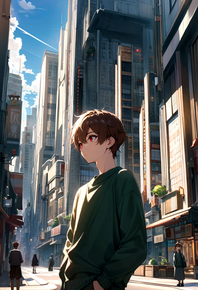 a city, sunny day, teen boy, standing near a tall building short brown hair, red eyes, neutral expression, a dark-green sweater,
