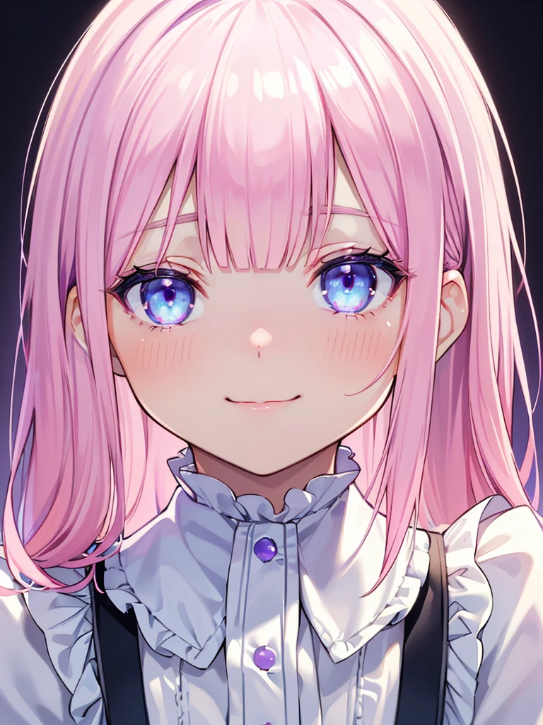 Realistic、One girl、fluorescence　Pink Hair、blue eyes、(Eye focus:1.3,Face Focus:1.3,Upper Body:1.5),(Gradient Eye:1.3),(blouse)、Open your mouth,(A light smile:1.3),Blunt bangs、Cute face,Portraiture,hyper detailed, eye closeup shot