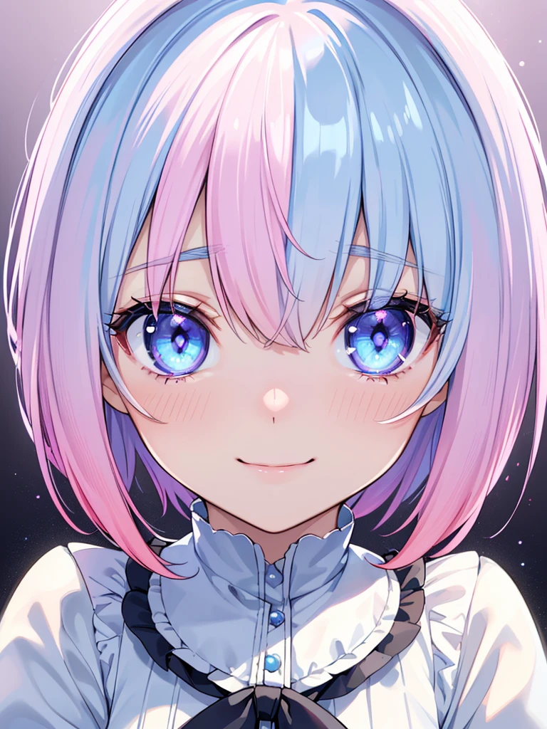 Realistic、One girl、fluorescence　Pink Hair、blue eyes、(Eye focus:1.3,Face Focus:1.3,Upper Body:1.5),(Gradient Eye:1.3),(blouse)、Open your mouth,(A light smile:1.3),Blunt bangs、Cute face,Portraiture,hyper detailed, eye closeup shot