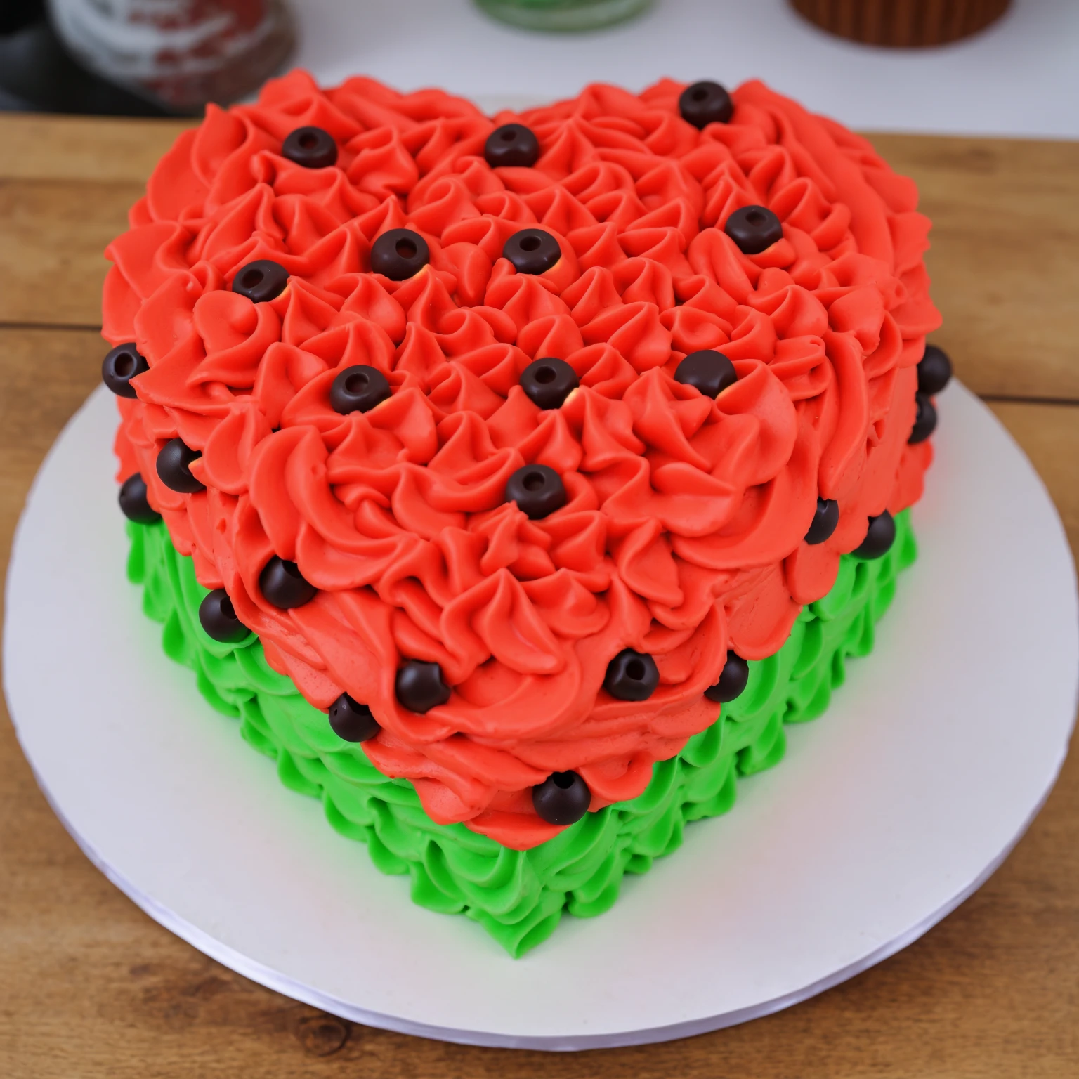 on a wooden table, red and green cream heart cake, star shaped cream, with black plastic beads, Multiple light sources, bright lighting, Realistic style , realistic texture, detailed texture, A high resolution, high quality,