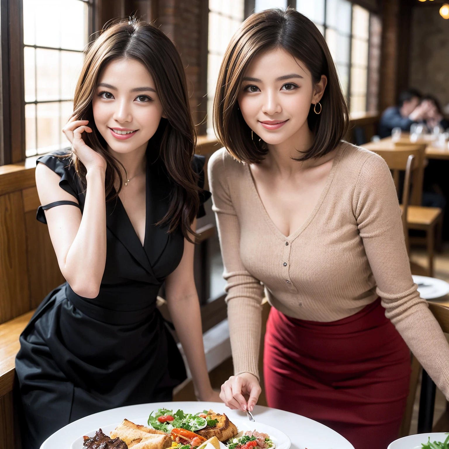 ((Highest quality、8K、masterpiece:1.3))、Yuuko Araki、slimカップル、modelカップル、(Realistic, Intricate details:1.2), full-course dinner、Wine Party、Amazing view of the sunset sky and clouds、A bright smile、The wonderfulness of smile、Bright image、The beauty of wine, Beautiful Face, blue eyes, The light shines on your face, Blushing, short hair,Bright Face、 (Age 37), 39 years old, red wine 、Appetizers、Italian food、Wine bottle、Champagne、sparkling wine、Two beauties、Brown Hair、Shortcuts、Long sleeve shirt、dress、Beautiful woman 1, (slimな顔), (The body is slim), (Brown Hair), (Shortcuts), cheeks turn a little red,Attractive beauty、restaurant, In a prominent place (From the waist up) Nova Frog Style, actress, model, Upper Body, White wine, slim, wine glass, 中央に置かれたwine glass, smile, (smile: 1.15), Beautiful fine grain, Depth f/2,saturation, High Contrast, Strong light and shadow,Moist Body:1.5、3D texture、Delicate eyes、Brown Hair、The hair is very shiny、