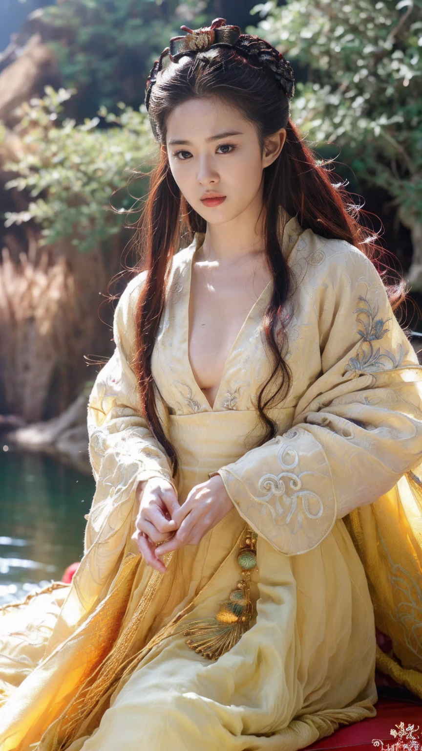 (medium breasts)、top-quality、​masterpiece、超A high resolution、（Armor of the Yellow Dragon）、(((medium tits))),dragon armor、(((Detailed Micro Bikini))),(Wearing a beautiful crown made of jewels),(Photorealsitic:1.4)、Raw photo、***1人、(((Random hair))、(((Take different poses)))、glowy skin、(((Chinese Dragon)))、Intricate and ornate hair ornaments、（Gorgeous Jewelry Necklaceystical expression）、（Fight big dragons）、With a beautiful knife、（Metal bikini）、((beautiful lake background)),(beautiful forest background)、Precipitous cliffs、(ruins background)、((super realistic details))、portlate、globalillumination、（sexypose）、Shadow、octan render、8K、ultrasharp、medium 、Raw skin  exposed in cleavage、metals、Details of complex ornaments、Japan details、highly intricate detail、Realistic light、CGSoation Trendlue eyes、radiant eyeacing the camera、Precipitous cliffs、Toostock、（）、（veils）、(((light medium))),