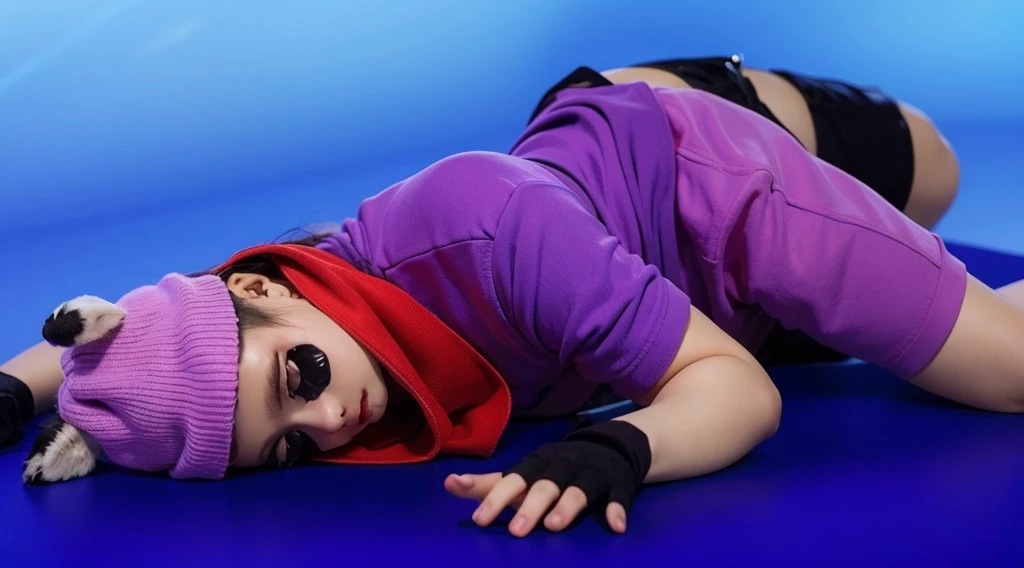 This image features a handsome, muscular, dark-skinned young man dressed in a raccoon costume. He is lying down with his eyes closed, wearing a vibrant purple outfit that includes a purple shirt and shorts. He also has a red scarf around his neck and a purple beanie hat with gray ears attached. His face is painted with black around the eyes and nose to mimic a raccoon's mask, and he is wearing black fingerless gloves. His beautiful dark skin adds to the striking appearance of his playful and whimsical costume. мультяшный рендеринг ключевого кадра, милый 3D рендеринг,,Create ultra sharp glossy цветной рендеринг zbrush. perfect cgi, cgi art created only with gradients, smooth silhouette, Create ultra sharp skin, high intensity refraction, (plastic material), most beautiful vfx, blue background, plastic refractions, glossy texture, smooth 3d model, multiple light sources, rim light, sharp post effects render, (glossy plastic texture with multiple big light probe refractions), perfect cgi, cgi art created only with gradients, smooth silhouette, high intensity refraction, (plastic material), most beautiful vfx, blue background