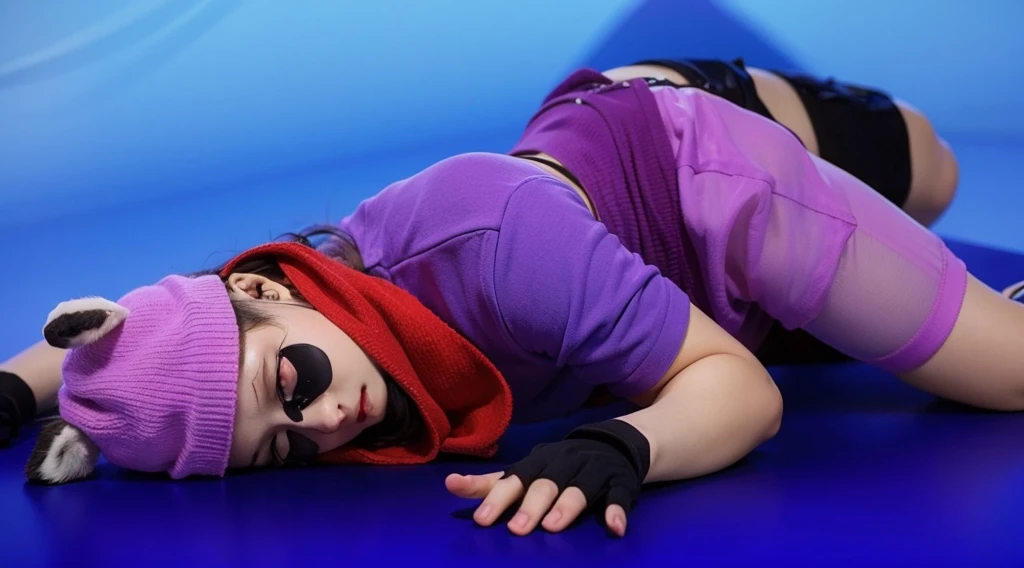 This image features a handsome, muscular, dark-skinned young man dressed in a raccoon costume. He is lying down with his eyes closed, wearing a vibrant purple outfit that includes a purple shirt and shorts. He also has a red scarf around his neck and a purple beanie hat with gray ears attached. His face is painted with black around the eyes and nose to mimic a raccoon's mask, and he is wearing black fingerless gloves. His beautiful dark skin adds to the striking appearance of his playful and whimsical costume. мультяшный рендеринг ключевого кадра, милый 3D рендеринг,,Create ultra sharp glossy цветной рендеринг zbrush. perfect cgi, cgi art created only with gradients, smooth silhouette, Create ultra sharp skin, high intensity refraction, (plastic material), most beautiful vfx, blue background, plastic refractions, glossy texture, smooth 3d model, multiple light sources, rim light, sharp post effects render, (glossy plastic texture with multiple big light probe refractions), perfect cgi, cgi art created only with gradients, smooth silhouette, high intensity refraction, (plastic material), most beautiful vfx, blue background