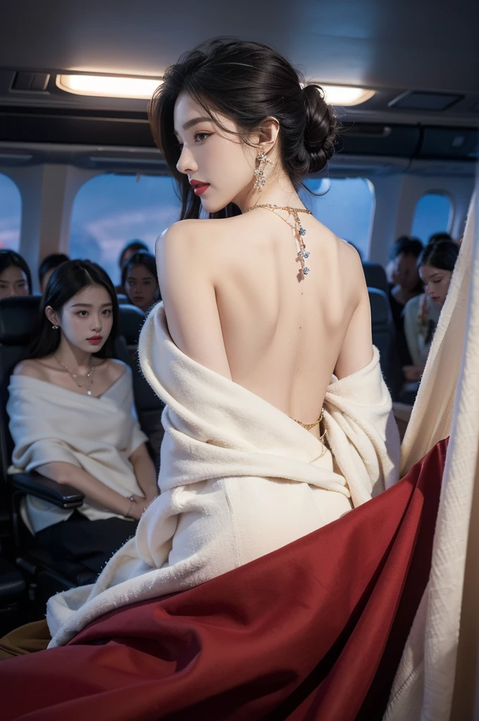 (((best quality))),(((ultra detailed))),(((masterpiece))),illustration,(a beautiful girl,female passenger,solo),(parted red lips),((slim,thin)),((bare back,towering hips, crack)),((earrings,crystal necklace)),(slender legs:1.2),(sitting on the seat:1.2),summer night,((in airplane,economy class,indoor)),(blanket over shoulders:1.3),((dress)),(shoulder length straight bob hair:1.2),stars,moonlight,smooth flight,engine sound,lullaby,relaxed,excited,laughing,visiting family,comfortable seats,soft fabric,headrests,adjustable,beauty of night sky,dimmed lights,sleeping passengers,movies,personal screens,staying awake,magic of sky,joy of being with family,memorable journey,adventures,(surrounded by crowded crowds:1.3),(Outside the window is high-altitude night view:1.2),((from back,upper body))
