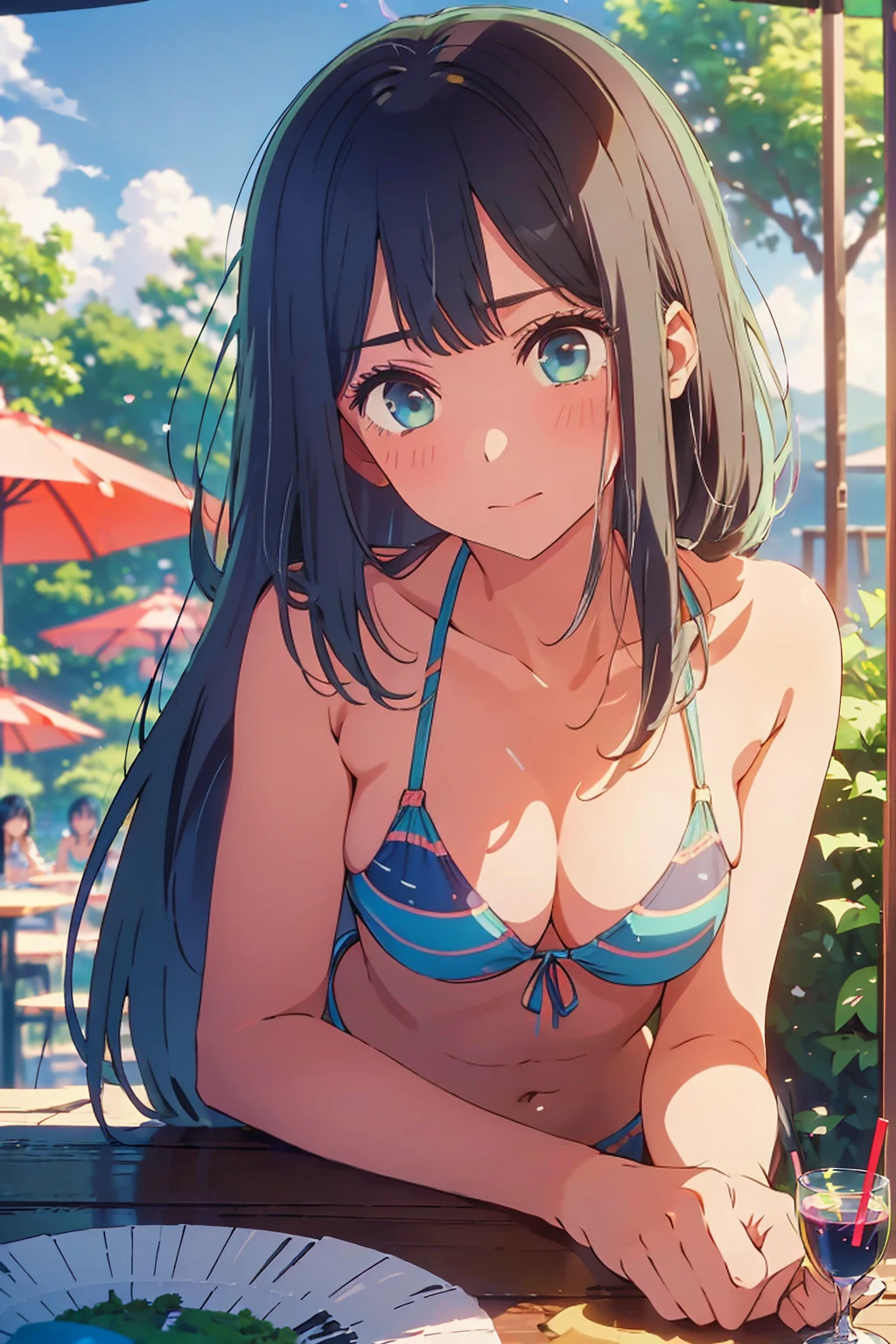 (Highest quality:1.4、masterpiece:1.4、Super detailed:1.4、8K:1.4)、F cup bust、Big Breasts、Slim body、((((1 person、sit、In the background are the urban buildings of Tokyo、looking at the camera、Outdoor café terrace、coastal、Navy hair color、juice、table、Sunset Beach、sunset、Very cute face))))、((((bikini))))、Big eyes、((((Shallow depth of field))))、(Holding a glass)