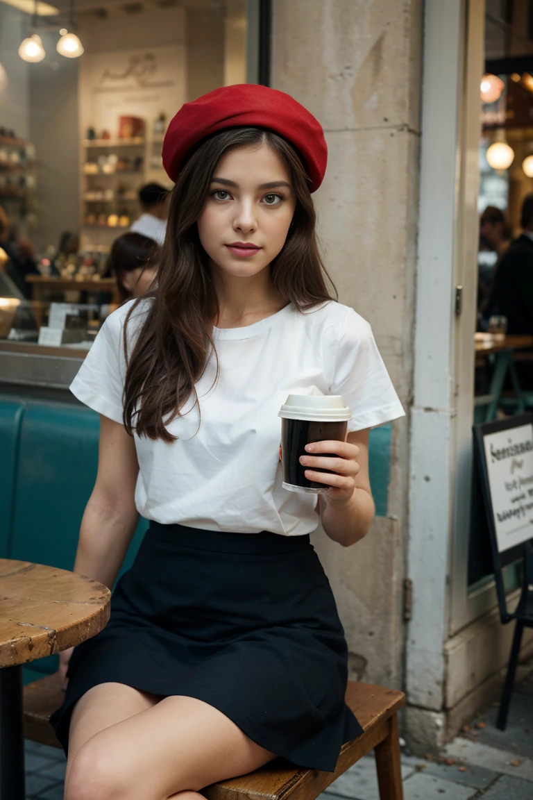 (Extremely detailed CG:1.2), (Masterpiece:1.2), (The best quality:1.2),,((absurdities)),looking at the viewer,whole body, ,(1girl),only,(long hair),,(white short sleeve shirt),(MARINA_blue pleated skirt),(long skirt),Dynamic Angle,Standing,dynamic pose,((Delicate facial features)),(blue eyes)wearing a classic black dress and a red beret. She is sitting at a café in Montmartre, sipping a cup of coffee as she watches the world go by. Her outfit is quintessentially Parisian, exuding an air of effortless elegance.