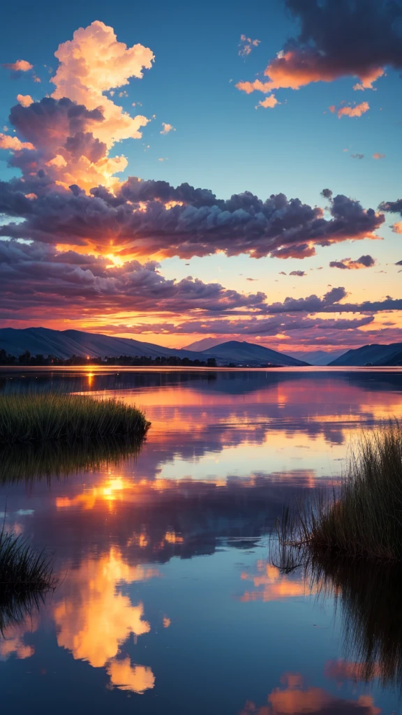 A calm lake,Reflecting the burning clouds,Sunset,best quality,8K,Shock。