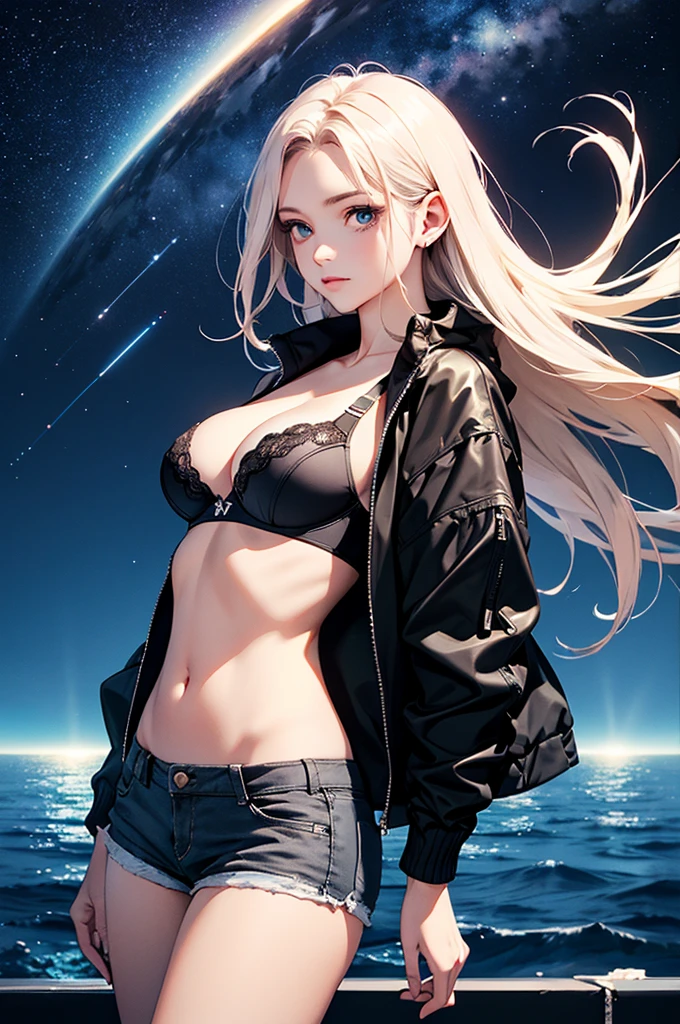 (masterpiece:1.5, Highest quality, Very detailed、 Dutch Angle、Realistic、2.5D、Realistic)(One Girl, alone)(Silver Hair:1.6,,Straight Long Hair)(Sports Bra、Jacket:1.5、Shorts、tightedium breasts, Beautiful cleavage,underboob))(from diagonally forward),(Beautiful starry sky、Mystical Night、Particles of light float around the woman、Fantastic space、Ocean)