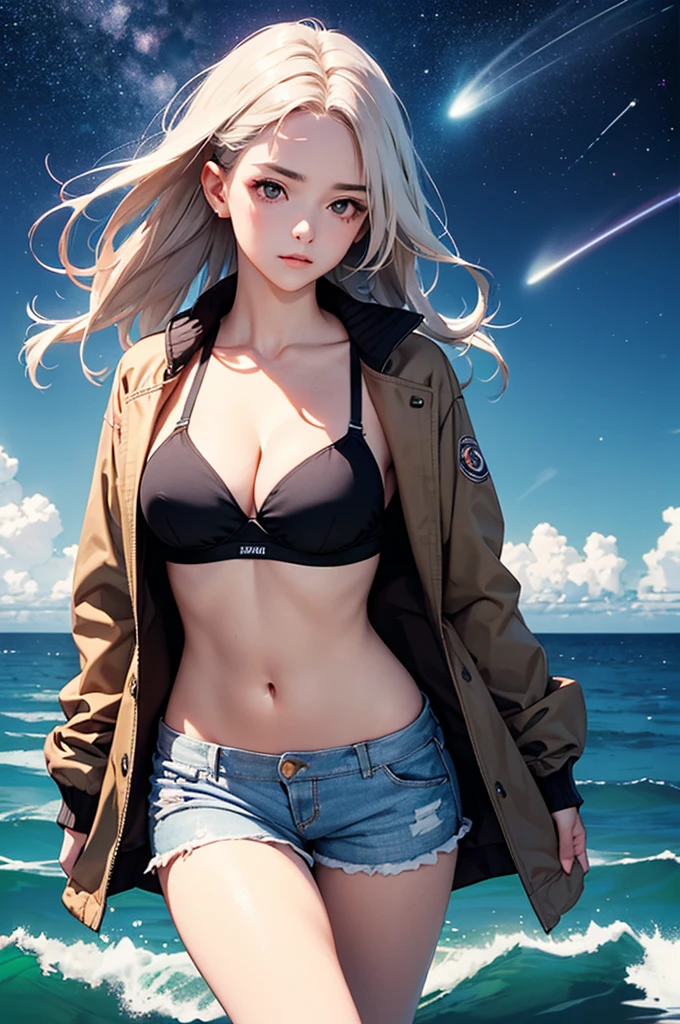 (masterpiece:1.5, Highest quality, Very detailed、 Dutch Angle、Realistic、2.5D、Realistic)(One Girl, alone)(Silver Hair:1.6,,Straight Long Hair)(Sports Bra、Jacket:1.5、Shorts、tightedium breasts, Beautiful cleavage,underboob))(from diagonally forward),(Beautiful starry sky、Mystical Night、Particles of light float around the woman、Fantastic space、Ocean)
