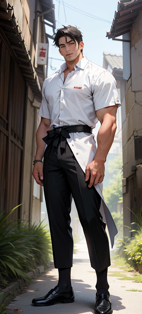 masterpiece, best quality, Face, Natural Eyes, European, Bigfoot, Black socks, whole body, White shirt ,Black suit pants,Big bulge, Long legs, Looking at the audience, 30 years old, muscular and mature, Slim waist, Short hairstyle,blue eyes, rinse, sex, Sweating, Tight cloth, Standing ,Face上有伤疤,Behind it are the ruins of the battlefield,