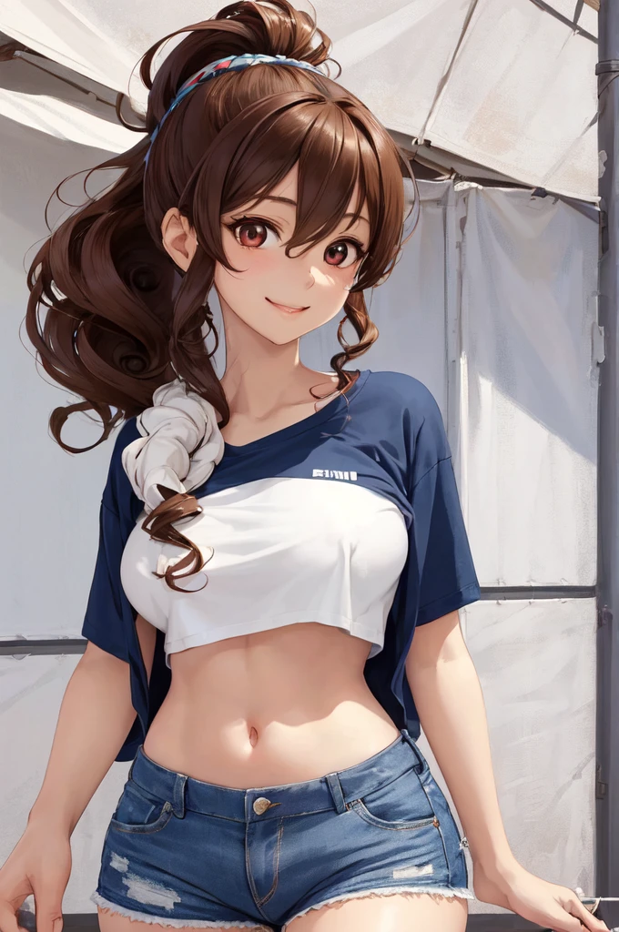 18 years old beautiful girl, big eyes, Large Breasts, Petite and slim, 8K, top quality, (Very detailed header: 1.0), (very detailed face: 1.0), (very fine hair: 1.0), Sports shorts, Very detailed official artwork, Anime cute art style, Clean and detailed anime art, Smile, Brown hair, smooth long hair，curly hair，Tie a ponytail