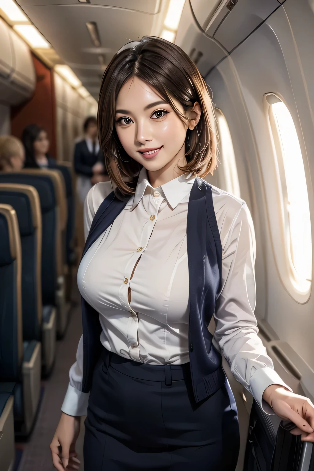 (masterpiece, Highest quality, 8K, Intricate detaileds, 超detailed, Ultra-high resolution,) 1 female, alone, A beautiful and ripe year, (Flight attendant uniform:1.4), Are standing, ((Beautiful Face)), (detailedな顔), (Perfect Teeth), double eyelid, eyelash, 唇のdetailed, Grin, (Black Short Hair), (Huge breasts), detailed, Perfect body, ((Cowboy Shot)), (background: Inside the plane)