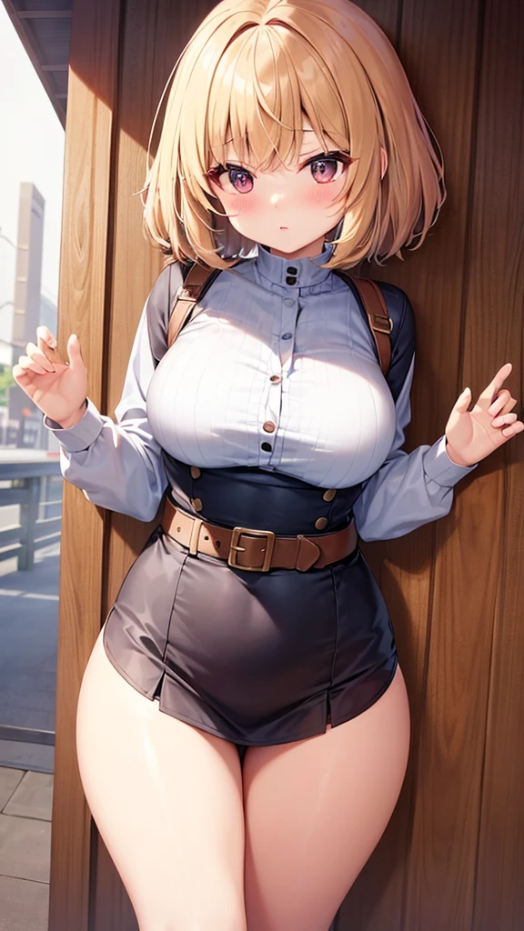 Anime Style。Cute and big eyes。A small elementary school student, 130cm tall。Although she looks at first glance, her bust is actually very large and heavy.。The waist is very small。 Cute with a belt accentuating her slim waist Her thighs are big but firm, and her legs are slim.。Her chest is so large that you can see the sides of her chest even when seen from behind.。 She's thin, but her breasts are too big and saggy.。The chest area is wide open.、The underbust and waist are as thin as the neck。