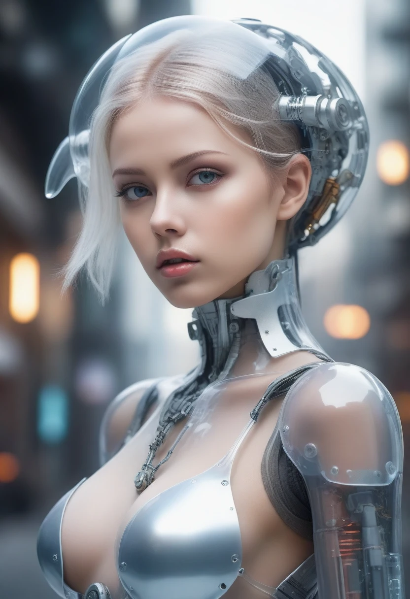 Translucent ethereal mechanical girl,Futuristic girl,Mechanical jointecha-girl,futuristic urban background