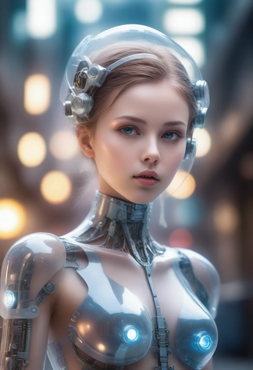 Translucent ethereal mechanical girl，Futuristic girl，Mechanical jointecha-girl，futuristic urban background