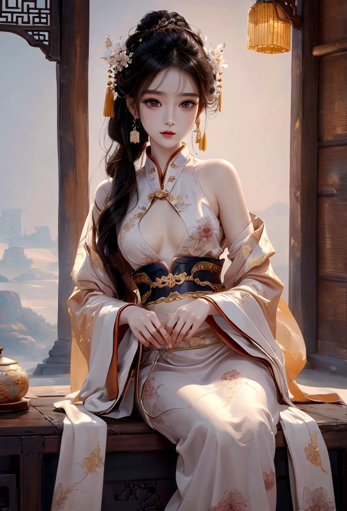 Best image quality、8K、masterpiece:1.3))、Realistic high-quality photos、beautiful girl、Beautiful face、cute、A lovely and delicate face、 year old female model、Black Hair、Beautiful brown eyes、Young Body、Small breasts、Slim body、Anatomically correct、masterpiece、Landscape painting、screen、Hanfu、Chinese style、Full Body Shot、 ink painting