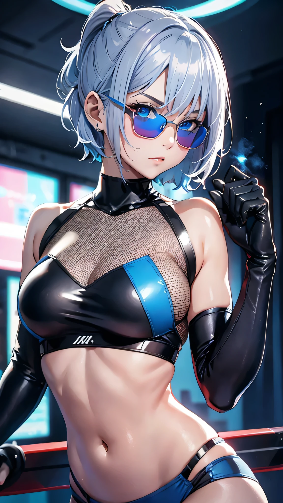 最high quality、Best image quality、masterpiece、With a girl((cute、20-year-old、Best Bust、Medium Bust、Bust 85,Beautiful Blue Eyes、Spread your chest wide,Short silver hair、Slender、The best valley、、Blue Bikini、,Show the whole body、Black perforated gloves,Blue Mesh,lure、Leaning forward greatly、Blue Sports Sunglasses、Blue Intercom,Sweating profusely、Get on the machine)）high quality、Beautiful art、background((Black Studio、Red lighting、blue laser light、Gym)),Tabletop、Exquisite design、Visual Arts、Depth of written boundary、Best lighting、Highest detail、8ｋ