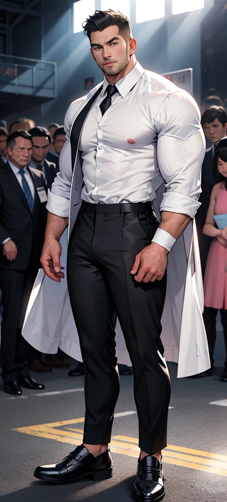 masterpiece, best quality, Face, Natural Eyes, European, Bigfoot, Black socks, whole body, White shirt ,Black suit pants,Big bulge, Long legs, Looking at the audience, 30 years old, muscular and mature, Slim waist, Short hairstyle,blue eyes, rinse, sex, Sweating, Tight cloth, Standing ,Face上有伤疤,