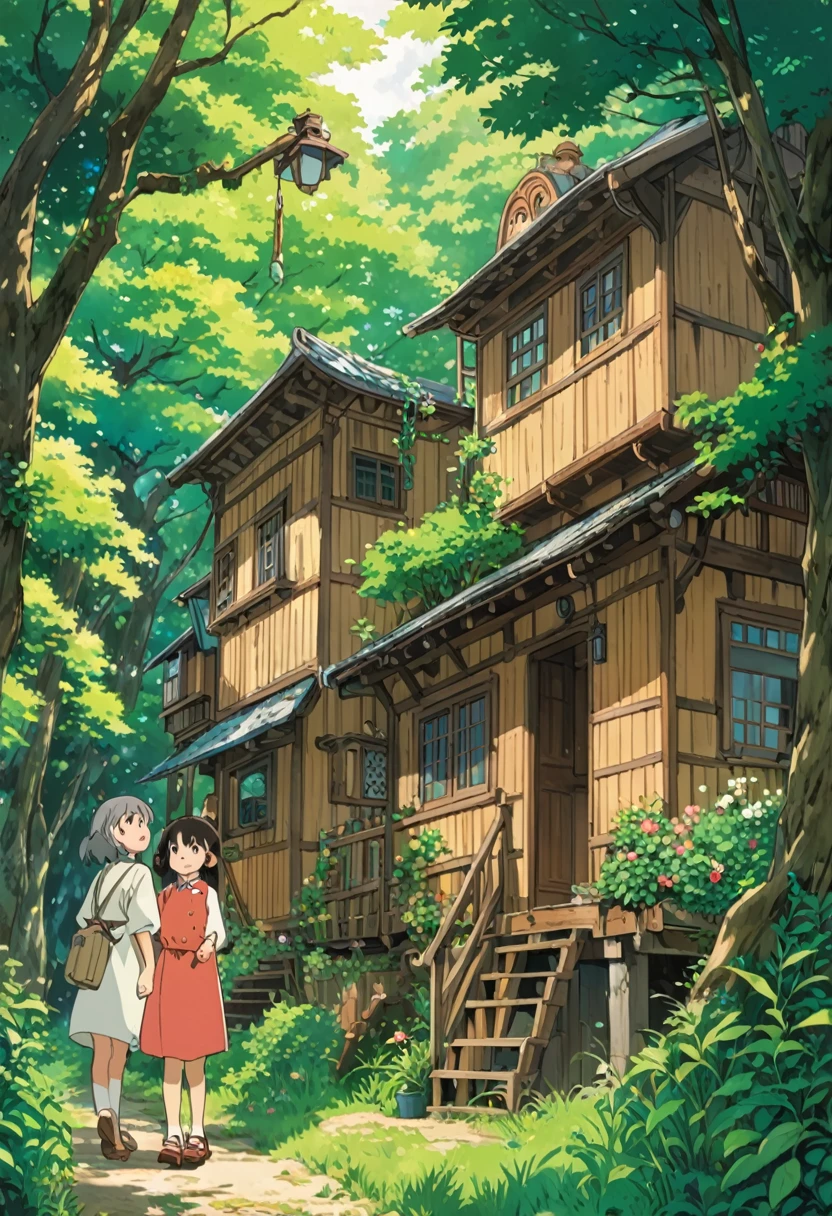 Studio Ghibli-style anime movies, Movie stills, Highest quality, masterpiece, Representative works, Official Art, Professional, Super intricate details, 8K, it&#39;s raining,I can see the back of a girl holding an umbrella.