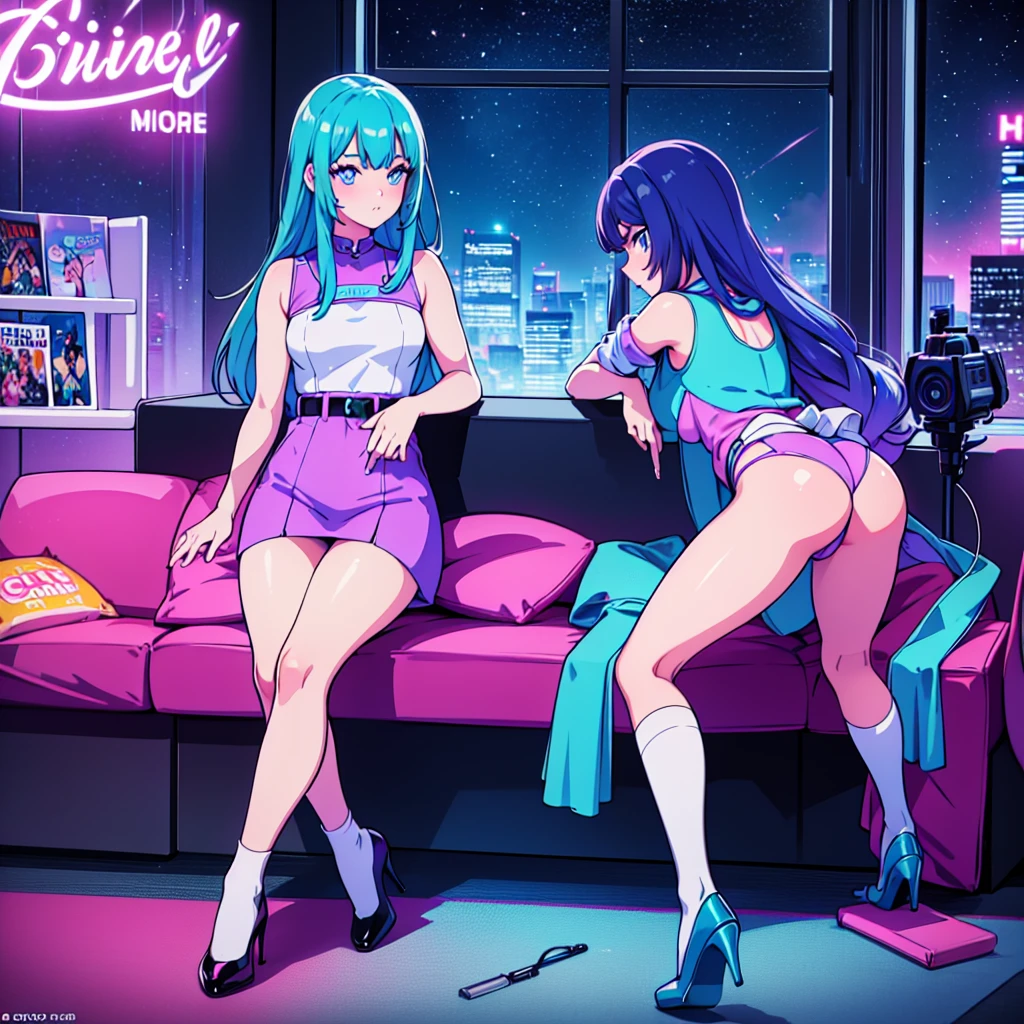 (masterpiece), Highest quality, Expressive eyes, Neon pastel aesthetics, Retro 90s, Neon color,((Girl sitting on sofa,In a cozy room,Records hanging on her wall, Comic books on the floor, Looking out the window behind her at the night city, Upholstered room, Anime figures lined up on a shelf)), Wearing headphones, (All around her it sparkles), (Wearing high socks and heels), (blue eyes), (Soft look), (Synthwave Art Style), Colorful Hair, Desk with PC set up