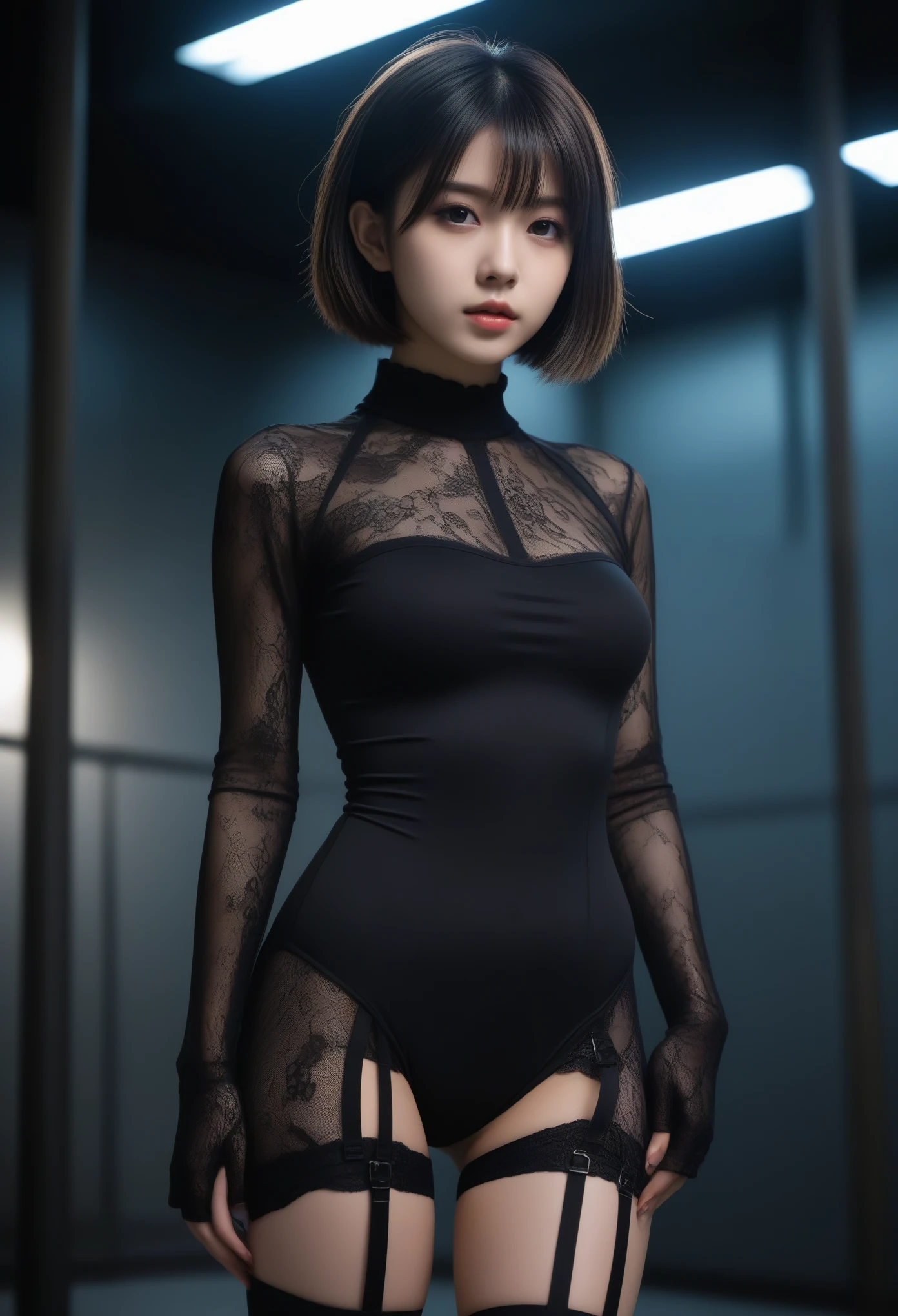8K, Ultra-high resolution, Highest quality, masterpiece, Surreal, photograph, 1 Girl, (:1.3), pretty girl, Cute face, Beautiful eyes in every detail, 細かくdetailedに,masterpiece,, One Girl:1.2, Japan Female Announcer, Brutal Cyberpunk Woman,Bob Haircut,(Futuristic Leotard:1.05),High leg cut,Lace blouse,(lace stockings with garters), (Black bondage and black gothic lolita)),Arending,Beautiful leg line beauty,Captivating thighs, (In a post-apocalyptic scenario:1.2),Expression of despair,Dark and atmospheric lighting, This pose expresses a somber ecstasy..,Bold Pose,Looking at the audience、beauty,Long neck、Laugh a little、Please close your mouth and laugh、(((Ideal body type))),A-cup small breasts :2,、Portraiture:2、Perfect Anatomy、鮮明なdetailed、detailed、Surreal、Light and shadow,Strong light