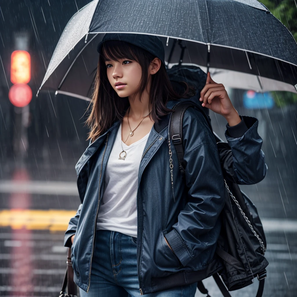 1 girl, jacket, rain, outdoor, hat, open jacket, chain, backpack, look elsewhere, messy hair, Trending on Artstation, 8k resolution, Highly detailed, Anatomically correct, Sharp picture, digital painting, concept art, Trending on pixiv, Makoto Shinkai&#39;s style,