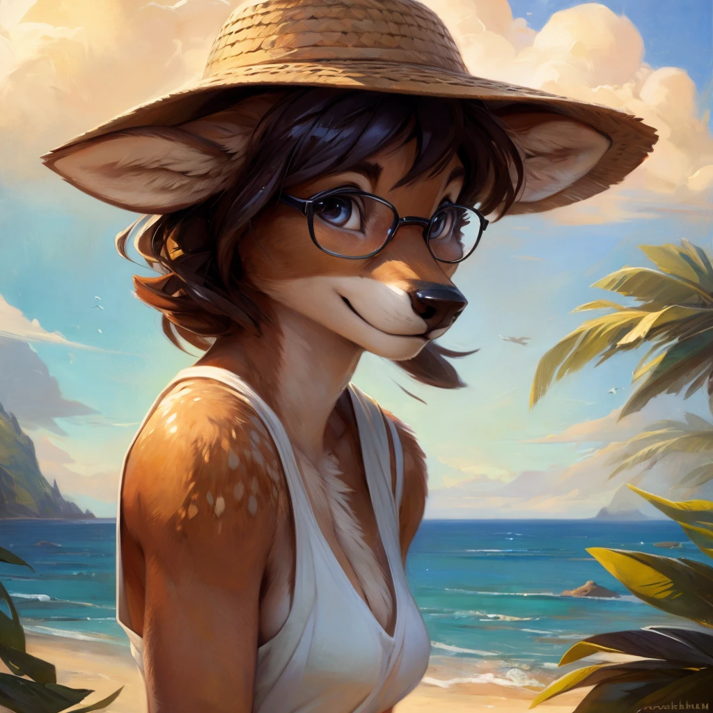 uploaded on e621, by Pixelsketcher, by Bayard Wu, by Thomas Benjamin Kennington , by Einshelm, by hioshiru and kenket, Chunie, portrait, solo anthro female deer doe, with small featureless breasts, clear dark blue, cinematic lighting, day, sunny day, beach, stays in the sea, sea background, mediterranean background, horizon background, shiny, short curly dark brown hair, wears big black nerd glasses, very very beautiful furry art, furry art, smiling, joyful, shiny, happy, feminine, cute face, muzzle, fluffy chest, flawless face, Fallow deer, 1girl, Sakimichan is beautiful, Masterpiece, Wavethesallow Face, shiny, Detailed image, portrait, Detailed image, portrait, full body, wearing wide, long, white blouse, wearing big and wide beige summer straw hat, shiny, realistic face, perfect anatomy, hourglass body, (furry body:1.1), anthropomorphic deer, looks at the viewer, small fluffy tail, detailed background, (cute anatomy:1.1), windy, smiling, very happy, happy