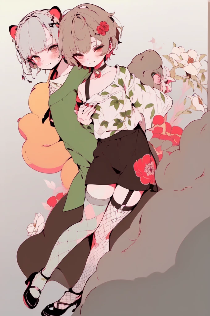 (((a Woman is Hugging a Boy from Behind))), (((Back Hug))),
BREAK; 
(Niji), (1Boy, Chibi), (((Pale Gray Hair, Bangs:1.5, Tired Hair:1.3, Very Short Hair:1.5)), (Hair Leaf, Green Leaf ornament), ((Brown Raccoon Ears)), (Brown Raccoon Tails), ((Dark Brown Eyes:1.1)), ((Makeup, Short Eyebrows:1.1, Brown Eyeliner, Brown EyeShadow)), ((Shirt, White Shirt, Short Sleeves, Tie, Green Tie)), (Haori, Japanese Haori), ((Japanese Kimono Cort)), ((Deep Gray Shorts)), ((White Socks)), ((Brown Shoes)), (((Smile:1.1))), Slender Body, Big Hips:0.5, Thighs:0.5, (((Flat Chest:1.5))),
BREAK; 
(((1Woman, Adult Woman))), (Red Hair, Layered Hair, White Hair, Short Hair), (MakeUp, Red Eyeliner), ((Military Uniform, Long Sleeve, White Ascot)), ((Shirt, White Shirt)), ((Skirt, Tight Skirt)), ((Brown Garter Straps, Stockings, Fishnet Tights)), Thighs:1.3, ((High_Heels)), Slender Body, (((Big Breasts:1.3))), Red Nails, Grin, Smile,
BREAK; 
(8K, Best Quality, Ultra Detailliert, Highres, Absurdres, Perfect Anatomy, Masterpiece), Perfect Face, Strong Outline, Five Fingers, (Blush), ((Posed Photo:1.3)), ((Wide-Angle Photo:1.3)), Dutch Angle, (Floral Print:1.3), (White BackGround), (Flower BackGround:1.3), (Floral BackGround:1.3),