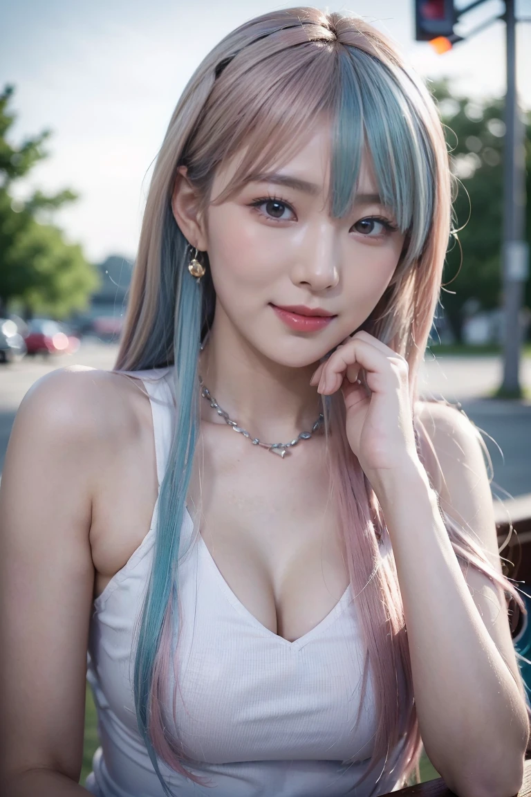 (masterpiece), (((highest quality)), (Super detailed), 1 girl, (rainbow colored hair, colorful hair, Half blue、half pink hair: 1.2), 17 years old, (yukina: 1.2), outdoors, bangs, smile, sky blue eyes, perfect hands, perfect hands, hand details, corrected fingers. earrings, night store + background, looking for_in_viewer, cowboy shot, highest quality, Rich details, perfect image quality,