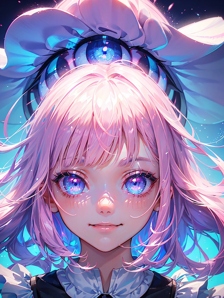 The bangs are short and above the eyebrows、Realistic、One girl、fluorescence Pink Hair、blue eyes、(Eye focus:1.3,Face Focus:1.3,Upper Body:1.5),(Gradient Eye:1.3),(blouse)、Open your mouth,(A light smile:1.3),Blunt bangs、Cute face,Portraiture,hyper detailed, eye closeup shot