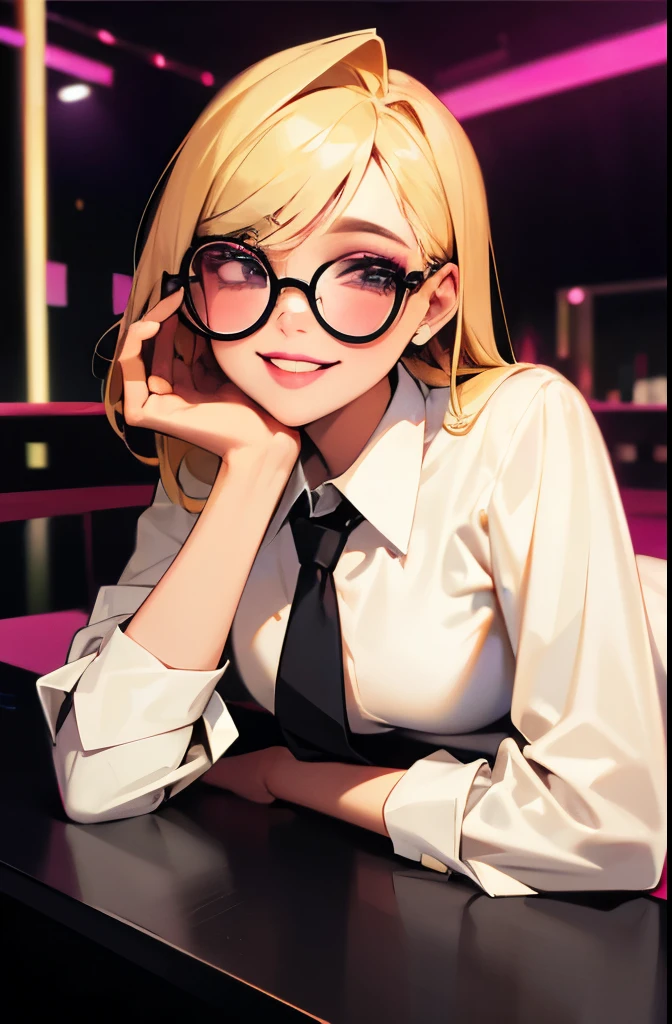 1girl, adult, nightclub, blonde, round glasses, white collared shirt, makeup, lipstick, looking at viewer, grin, sitting on floor