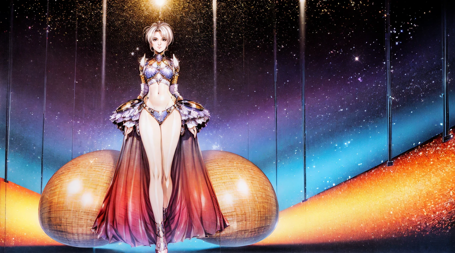 (Future World Fashion Show: 1.5),(Future SF beauty model catwalk: 1.5), Smiling female model,An elegant and dignified appearance,Wear a crystal mini skirt,Transparent fluorescent,Starry sky pattern,Secrets of the Universe,Future distribution,Silver Glow,Soft Touch,Silver Eye Makeup,Cosmic Starlight,Virtual Future Runway,(SF Fashion Fashion Show: 1.5),(A giant high-tech catwalk: 1.5),(There was only one female model on the catwalk.),Realistic images,8K, super high quality, masterpiece, Accurate, Textured skin, High detail, Highest quality, Awards,((long range shooting,Distance,Full body image))