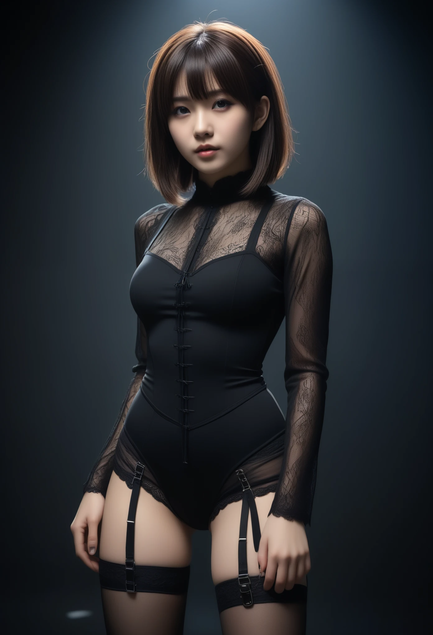 8K, Ultra-high resolution, Highest quality, masterpiece, Surreal, photograph, 1 Girl, (16 years old:1.3), pretty girl, Cute face, Beautiful eyes in every detail, 細かくdetailedに,masterpiece,, One Girl:1.2, Japan Female Announcer, Brutal Cyberpunk Woman,Bob Haircut,(Futuristic Leotard:1.05),High leg cut,Lace blouse,(lace stockings with garters), (Black bondage and black gothic lolita)),Are standing,Beautiful leg line beauty,Captivating thighs, (In a post-apocalyptic scenario:1.2),Expression of despair,Dark and atmospheric lighting, This pose expresses a somber ecstasy..,Bold Pose,Looking at the audience、beauty,Long neck、Laugh a little、Please close your mouth and laugh、(((Ideal body type))),A-cup small breasts :2,、Portraiture:2、Perfect Anatomy、鮮明なdetailed、detailed、Surreal、Light and shadow,Strong light