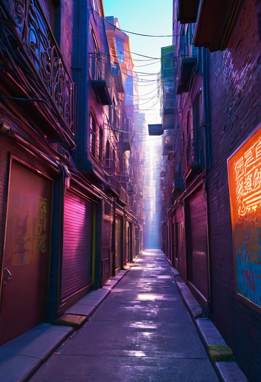 Retracted city image,Alley leads to street, super detailed, masterpiece, best quality, Ultra-high quality, Ridiculous details, The best light, The best shadow, sharp, sharp image, detailed, extremely detailed, high resolution, 8K, 4K, Ultra HD, volume, Bright Elf, Particle Effects, Beautiful Effects, neon, neon light, Sunlight, Sunlight, (Street People)