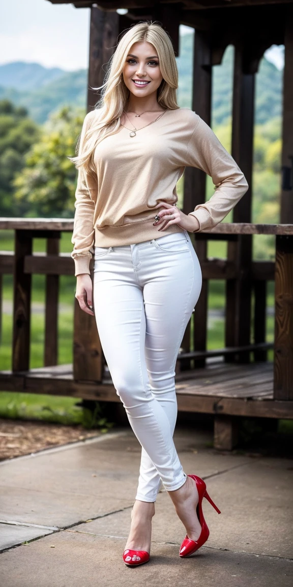 Allie Dunn, blond hair, (white sweatshirt), (white pants), (high heels), (perfect leggs), (whole body), (posing), (photo pose), (standing on bridge), (confident stance), (alluring allure), (impeccable craftsmanship), (exquisite attention to detail), (smile) (perfect smile), perfect lipps), (perfect teeth), (perfect smile), (irresistible sexiness), (designed to ignite passion), (undeniable sensuality). looking at viewer, smiling, masterpiece, best quality, highly detailed, (Beautiful and detailed eyes), (beautiful and detailed face), Perfect female body, (Best Quality), (ultra-detailed), (master piece), (high resolution), (Original), (the Extremely Detailed CG Unity 8K Wallpapers), big , perfect skin, perfect face, ultra realistic, sexy.