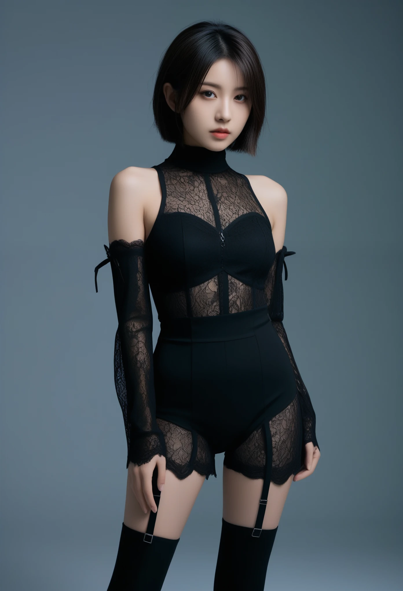 8K, Ultra-high resolution, Highest quality, masterpiece, Surreal, photograph, 1 Girl, (:1.3), pretty girl, Cute face, Beautiful eyes in every detail, 細かくdetailedに,masterpiece,, One Girl:1.2, Japan Female Announcer, Brutal Cyberpunk Woman,Bob Haircut,(Futuristic Leotard:1.05),High leg cut,Lace blouse,(lace stockings with garters), (Black bondage and black gothic lolita)),Arending,Beautiful leg line beauty,Captivating thighs, (In a post-apocalyptic scenario:1.2),Expression of despair,Dark and atmospheric lighting, This pose expresses a somber ecstasy..,Bold Pose,Looking at the audience、beauty,Long neck、Laugh a little、Please close your mouth and laugh、(((Ideal body type))),A-cup small breasts :2,、Portraiture:2、Perfect Anatomy、鮮明なdetailed、detailed、Surreal、Light and shadow,Strong light