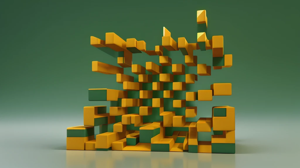 A digitally generated image featuring an abstract geometric pattern composed of interlocking rectangular prisms in dark green and mustard yellow. The overall design creates a sense of depth and dimension with the 3D rendering of the shapes.