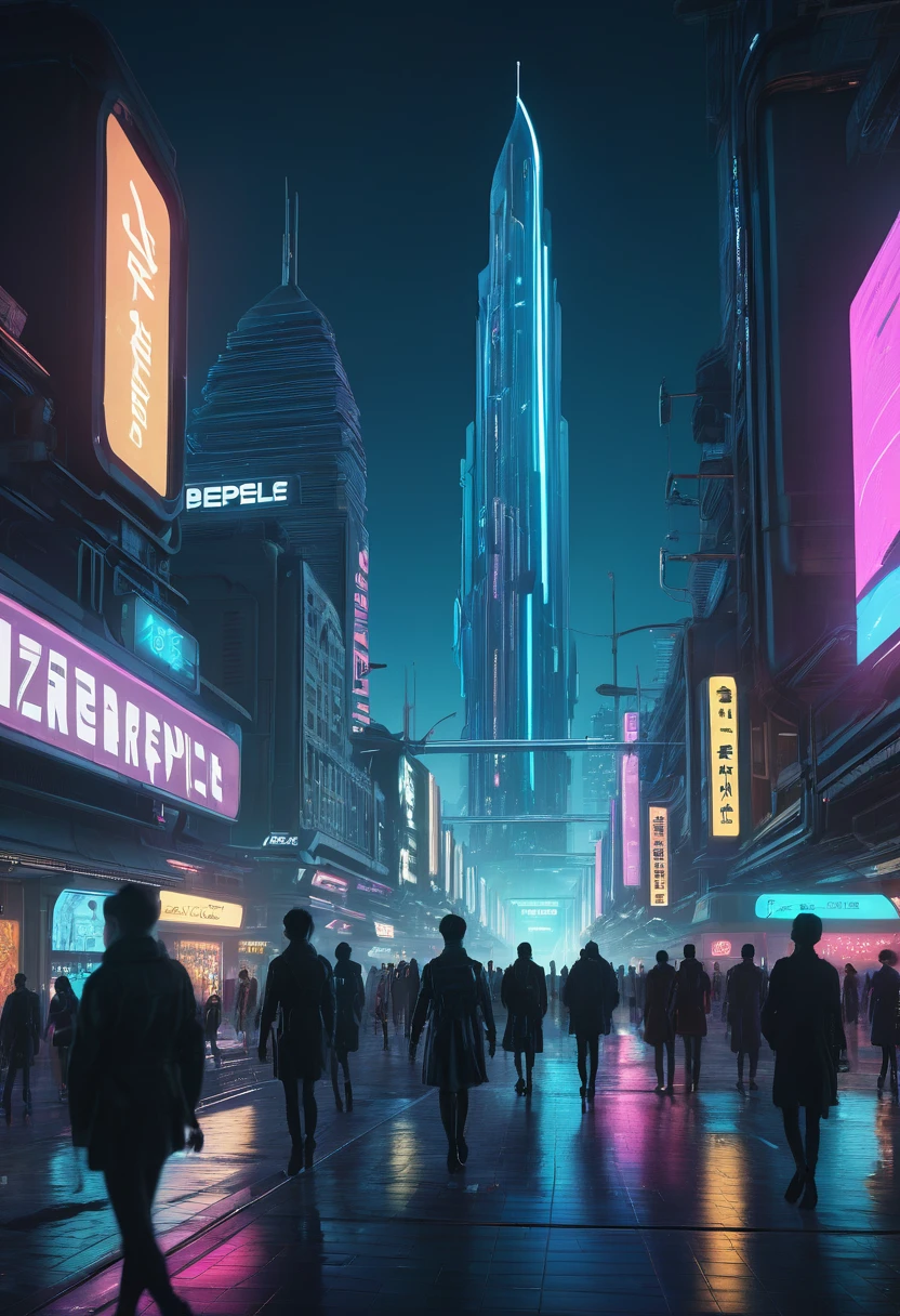 People walking in the city at night，A large clock tower is in the background, In a future cyberpunk city, Future cyberpunk scene, Arstation and beeple height, In a fantasy sci-fi city, sci-fi Cyberpunk city streets, Busy cyberpunk metropolis, 3D rendering of beeple, buzzer, Cyberpunk city streets, Similar to beeple&#39;s style