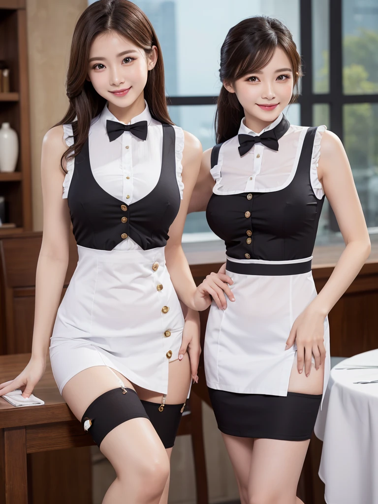 Highest quality、masterpiece、8K、Very detailed、Realistic、One person、Looking at me with a smile、whole body、Big Breasts、Erect nipples、Thin and beautiful legs、Tight and slim waist、A tight-fitting, sleeveless waitress uniform with buttons and a collar