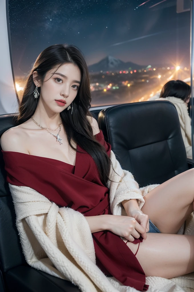 (((best quality))),(((ultra detailed))),(((masterpiece))),illustration,(a beautiful girl,female passenger,solo),(parted red lips),((slim,thin,small breasts,flat chest)),((earrings,crystal necklace)),(slender legs:1.2),(spread legs apart:1.3),summer night,((in airplane,economy class,indoor)),(blanket over shoulders:1.3),((dress)),(shoulder length straight bob hair:1.2),stars,moonlight,smooth flight,engine sound,lullaby,relaxed,excited,laughing,visiting family,comfortable seats,soft fabric,headrests,adjustable,beauty of night sky,dimmed lights,sleeping passengers,movies,personal screens,staying awake,magic of sky,joy of being with family,memorable journey,adventures,(surrounded by crowded crowds:1.3),(Outside the window is high-altitude night view:1.2),((from front,upper body))