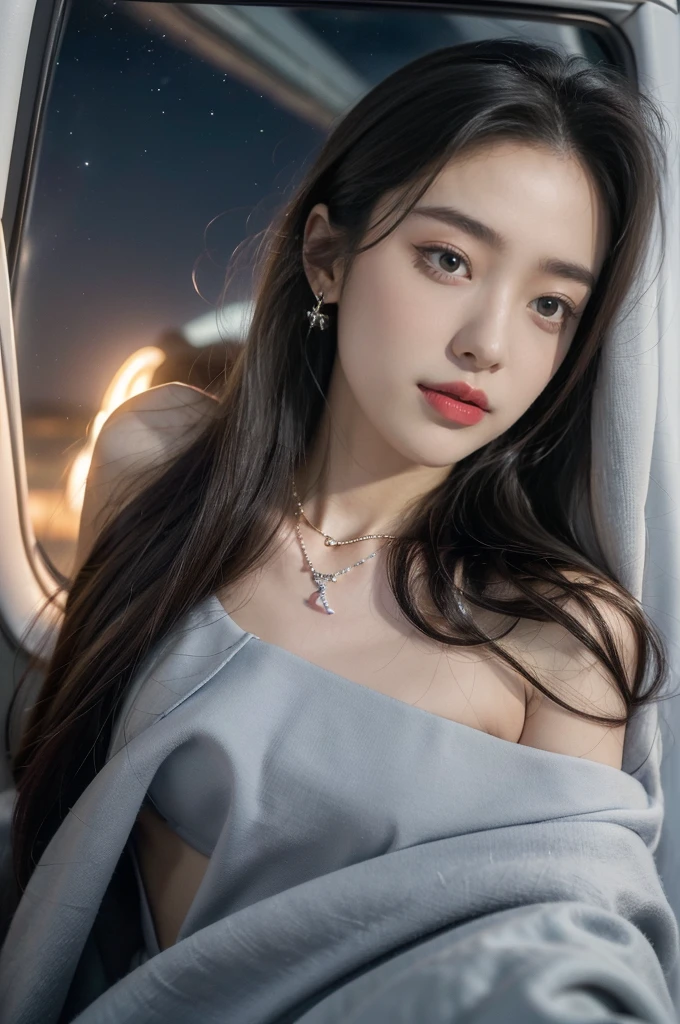 (((best quality))),(((ultra detailed))),(((masterpiece))),illustration,(a beautiful girl,female passenger,solo),(parted red lips),((slim,thin,small breasts,flat chest)),((earrings,crystal necklace)),(slender legs:1.2),(spread legs apart:1.3),summer night,((in airplane,economy class,indoor)),(blanket over shoulders:1.3),((dress)),(shoulder length straight bob hair:1.2),stars,moonlight,smooth flight,engine sound,lullaby,relaxed,excited,laughing,visiting family,comfortable seats,soft fabric,headrests,adjustable,beauty of night sky,dimmed lights,sleeping passengers,movies,personal screens,staying awake,magic of sky,joy of being with family,memorable journey,adventures,(surrounded by crowded crowds:1.3),(Outside the window is high-altitude night view:1.2),((from front,upper body))