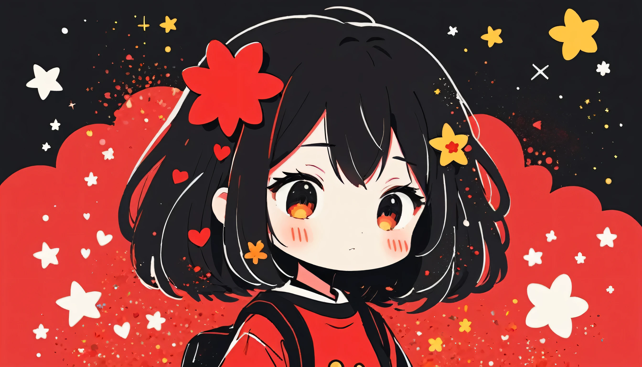 Black Star Red and White style, Simple Line Initialism，Abstract art，Kawaii Design, The most beautiful girl of all time、chibi, The background is star dust, colorful hearts, colorful flowers