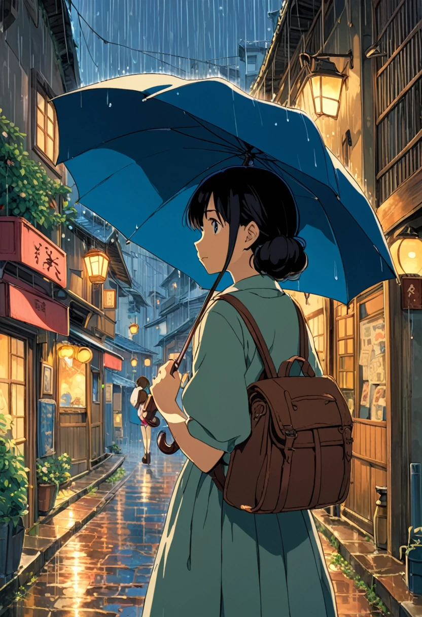 Studio Ghibli-style anime movies, Movie stills, Highest quality, masterpiece, Representative works, Official Art, Professional, Super intricate details, 8K, rain,I can see the back of a girl holding an umbrella.