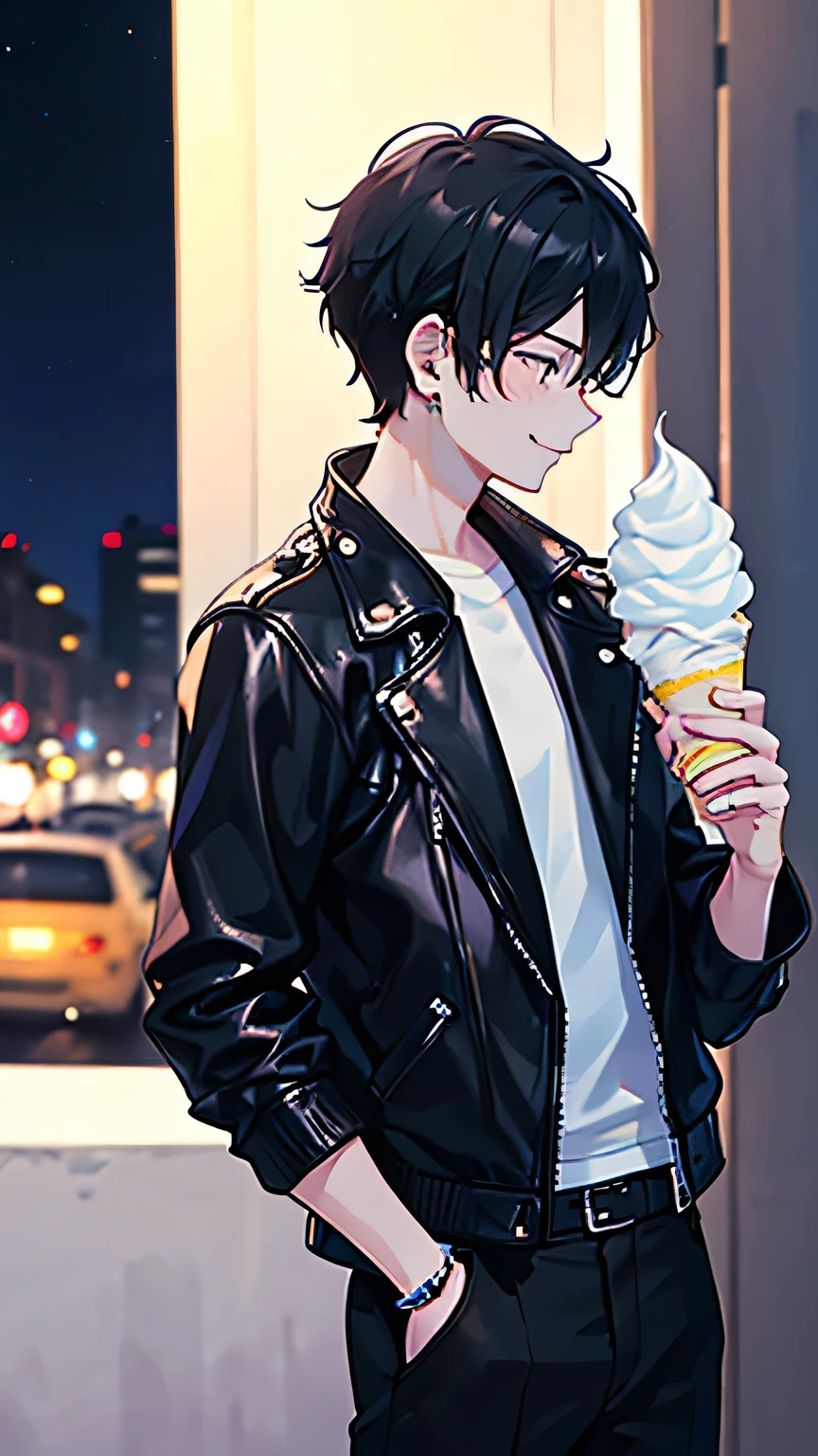 Highest quality、A young man holding a soft serve ice cream、smile、profile、A stylish soft-serve ice cream shop、night、neon、Wearing a black leather jacket、Black Hair、1 male