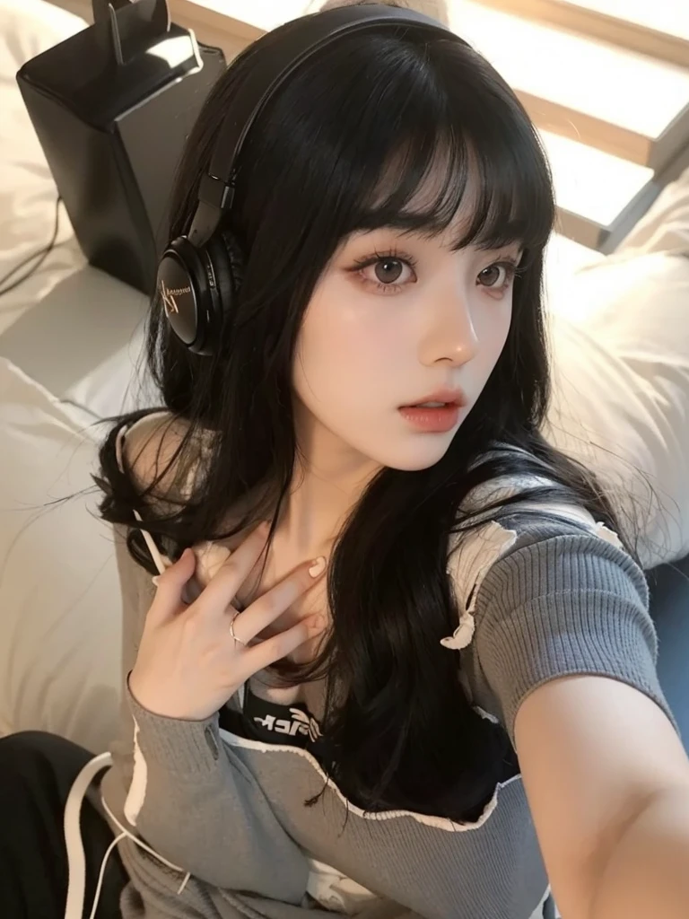 Korean girl with long black hair, straight and with bangs. wear headphones. Ulzzang girl with gothic style and soft face. He has black hair with bangs and pale skin.. 