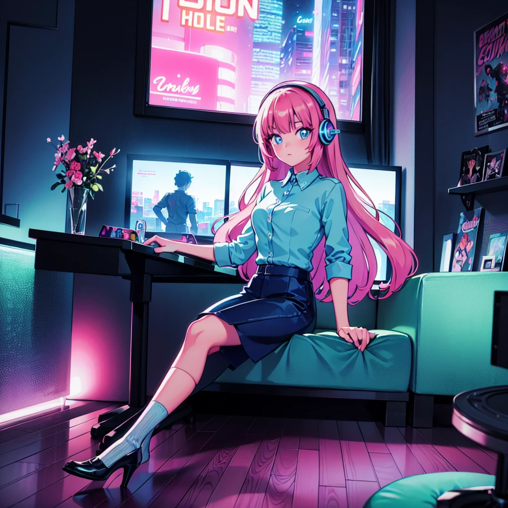 (masterpiece), Highest quality, Expressive eyes, Neon pastel aesthetics, Retro 90s, Neon color,((Girl sitting on sofa,In a cozy room,Records hanging on her wall, Comic books on the floor, Looking out the window behind her at the night city, Upholstered room, Anime figures lined up on a shelf)), Wearing headphones, (All around her it sparkles), (Wearing high socks and heels), (blue eyes), (Soft look), (Synthwave Art Style), Colorful Hair, Desk with PC set up