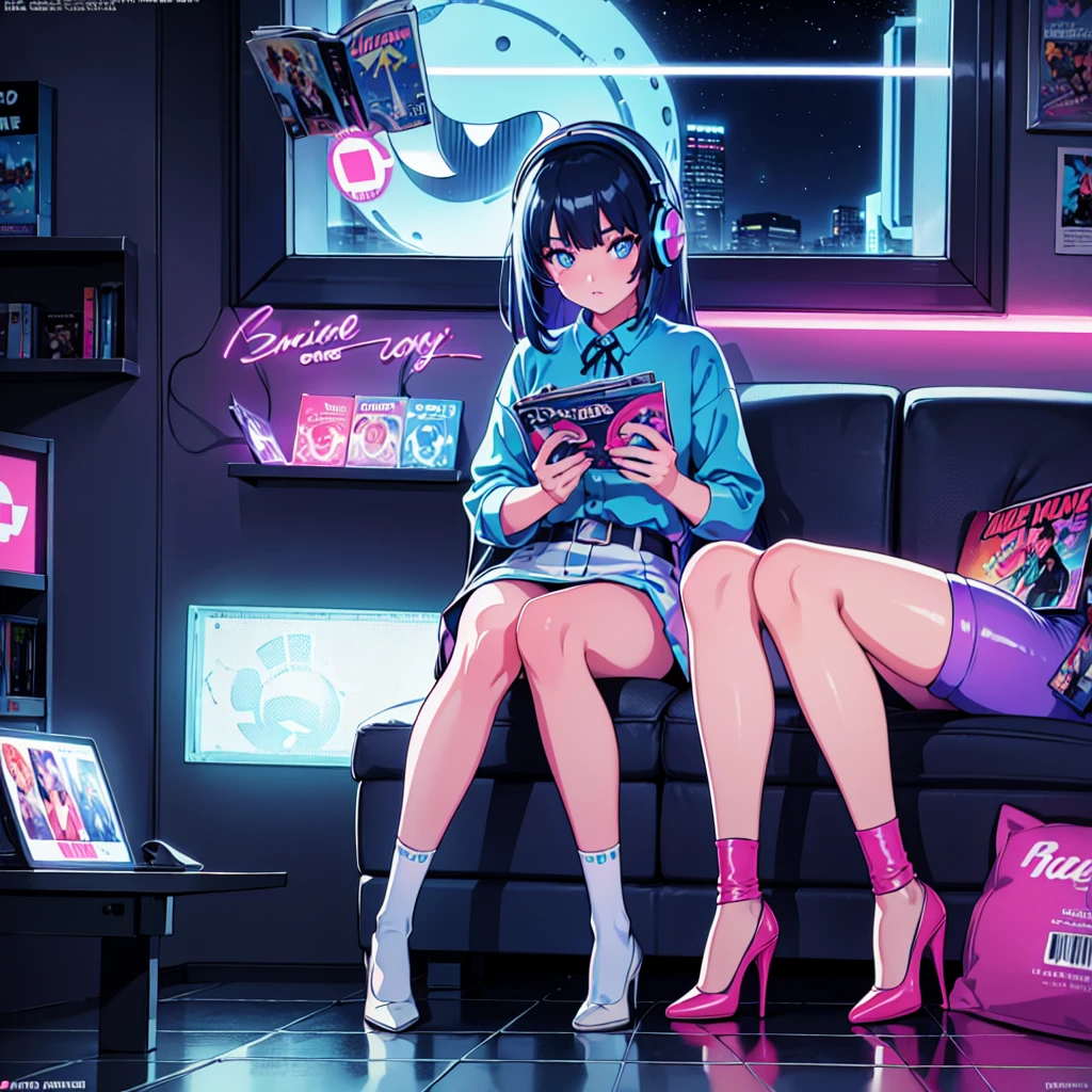 (masterpiece), Highest quality, Expressive eyes, Neon pastel aesthetics, Retro 90s, Neon color,((Girl sitting on sofa,In a cozy room,Records hanging on her wall, Comic books on the floor, Looking out the window behind her at the night city, Upholstered room, Anime figures lined up on a shelf)), Wearing headphones, (All around her it sparkles), (Wearing high socks and heels), (blue eyes), (Soft look), (Synthwave Art Style), Colorful Hair, Desk with PC set up