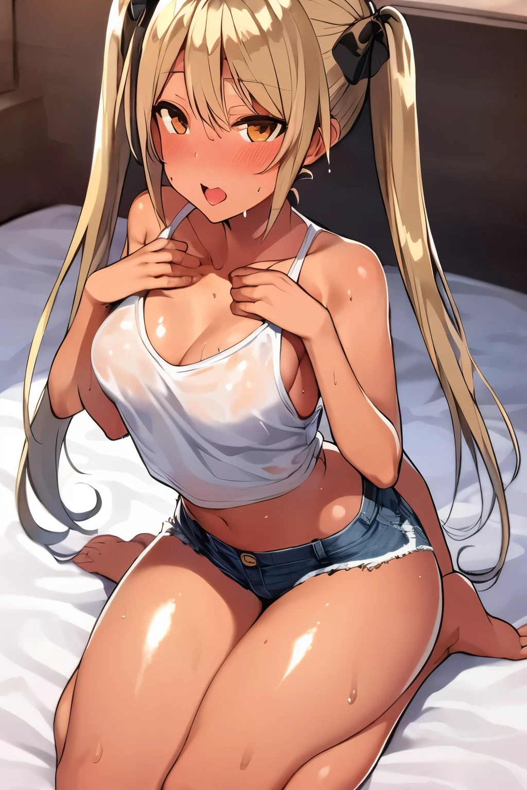 2d, Superb, (Masterpiece), (Full length), (Shiny and lustrous bronze hair:1.6), (Pigtails:1.6), (Brown beautiful girl), (Healthy dark skin), (Sunburn mark), clavicle, (Denim hot pants:1.3), (Tank top), JK,Slender figure ,Glamorous Bare Feet, Leg hair, Brown Eyes, Attractive thighs, Medium chest, bedroom, On the bed, Light from the window, Sexy expression, Sweaty, Wet Hair, Drops from hair,Put your hands on your chest, Breathless, Bold pose